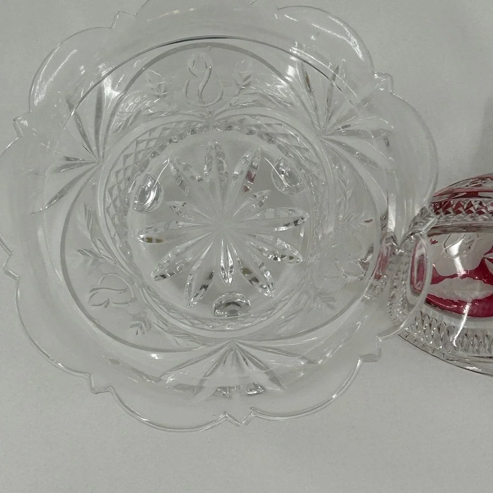 Vintage Footed Glass Candy Dish with Cranberry Flash Rose Lid Clear Pressed Bowl